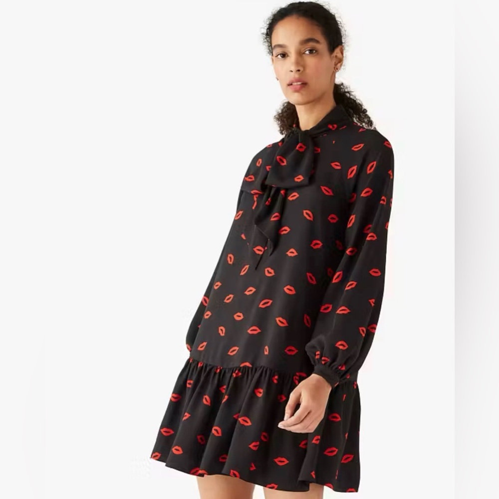 kate spade kisses tie-neck shift dress lips tiered swing dress large L